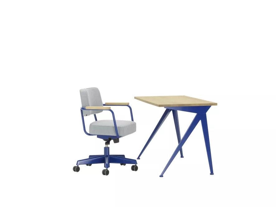 Vitra Compas Direction Bureau 125x60 Natural Oak Tabletop, Prouvé Bleu Marcoule Base 7 Vitra Compas Direction Bureau 125x60 Natural Oak Tabletop, Prouvé Bleu Marcoule Base - Afbeelding 7