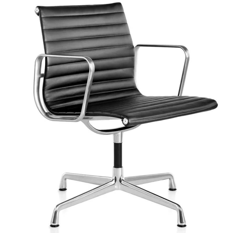 Vitra EA 104 Stoel Leder Nero, Onderstel Verchroomd 1 Vitra EA 104 Stoel Leder Nero, Onderstel Verchroomd