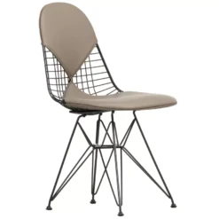 Vitra Eames Wire Chair DKR-2 Stoel Gepoedercoat Onderstel Leer Zandkleurig